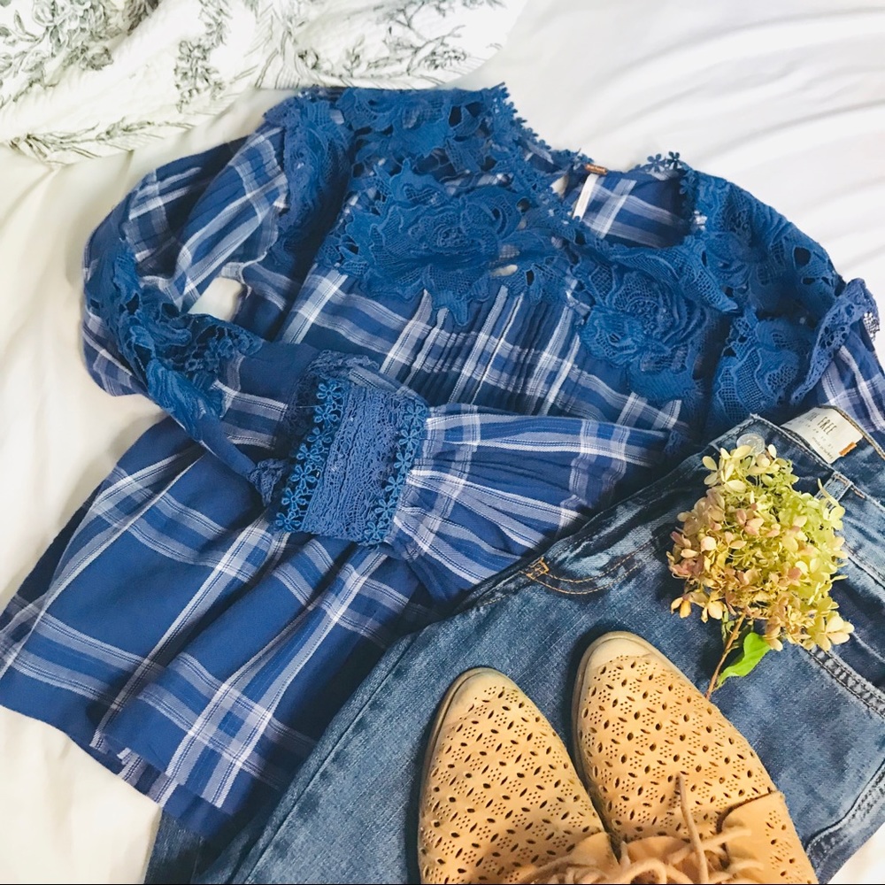 FP Blue Plaid Lace Blouse
